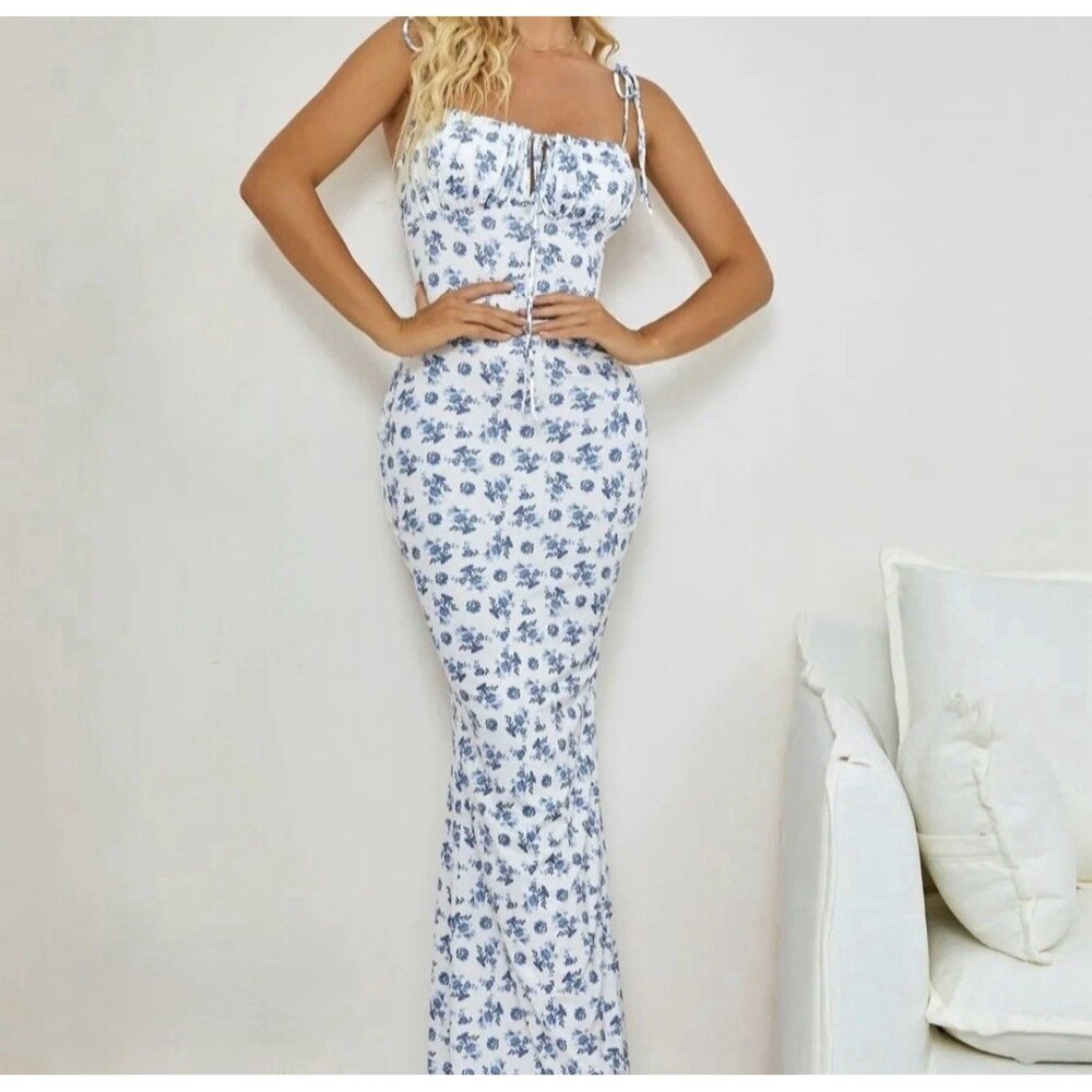 Blue White Floral Corset Maxi Dress Tie Strap Summer Cottagecore